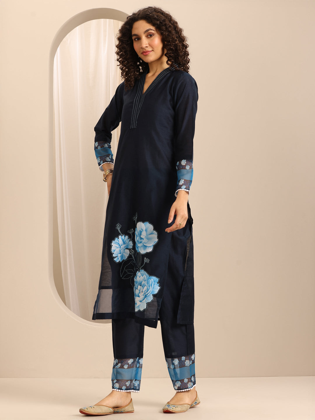 Dark Blue Printed Silk Blend Straight Suit Set With Dupatta
