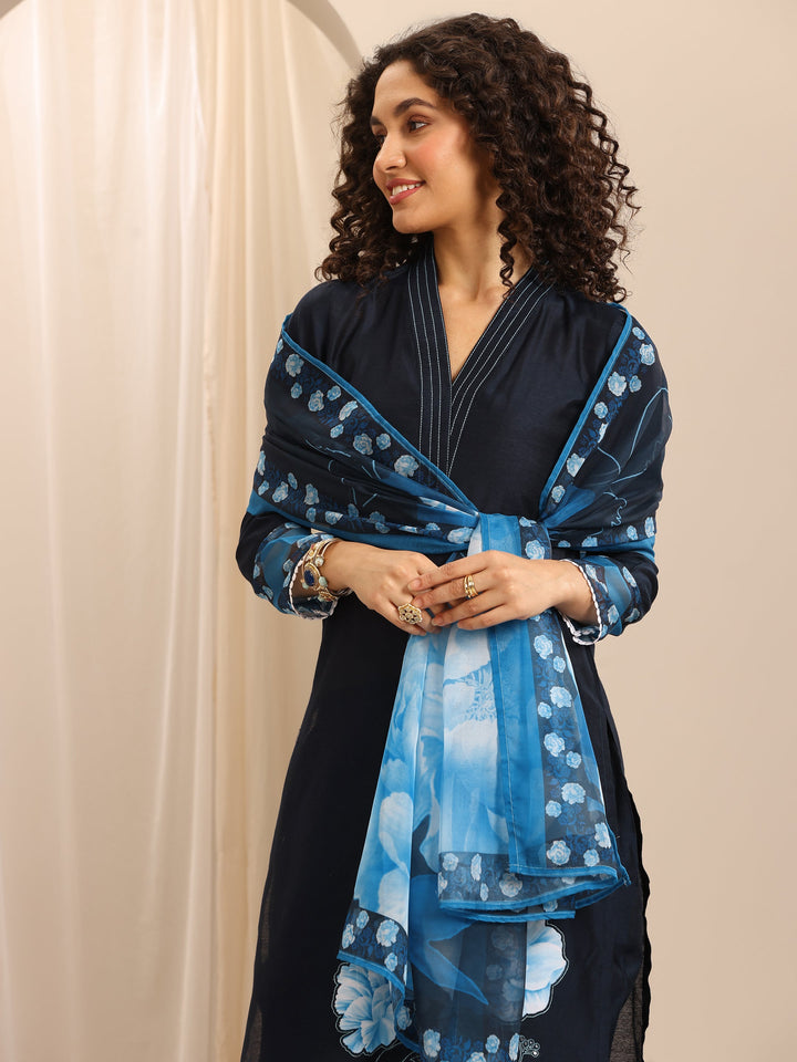 Dark Blue Printed Silk Blend Straight Suit Set With Dupatta