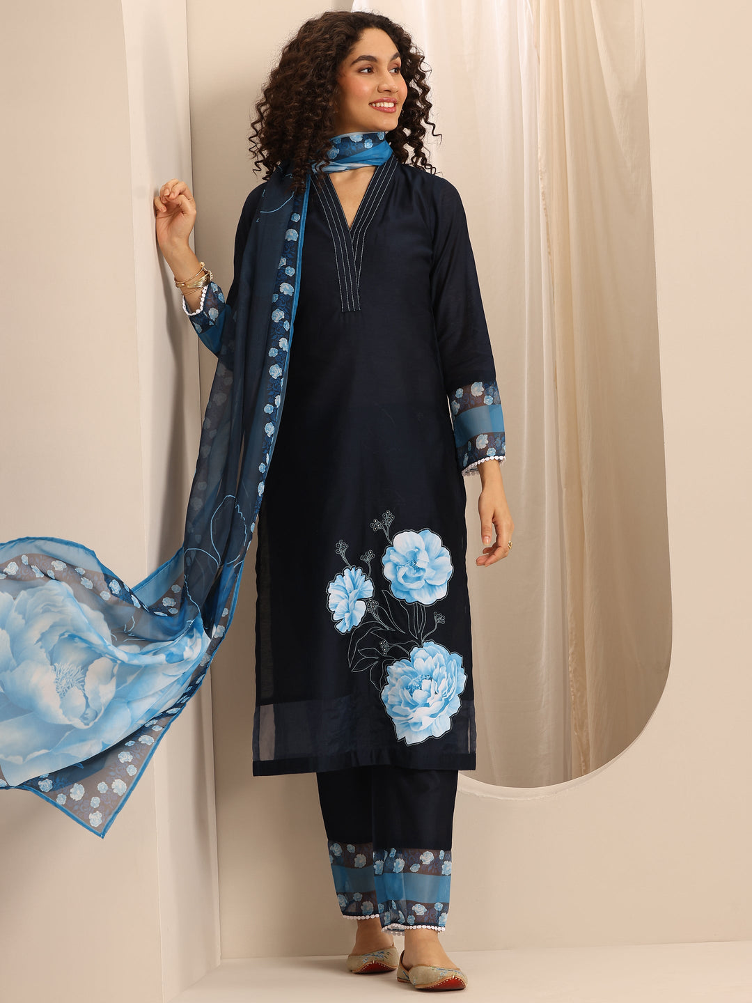 Dark Blue Printed Silk Blend Straight Suit Set With Dupatta