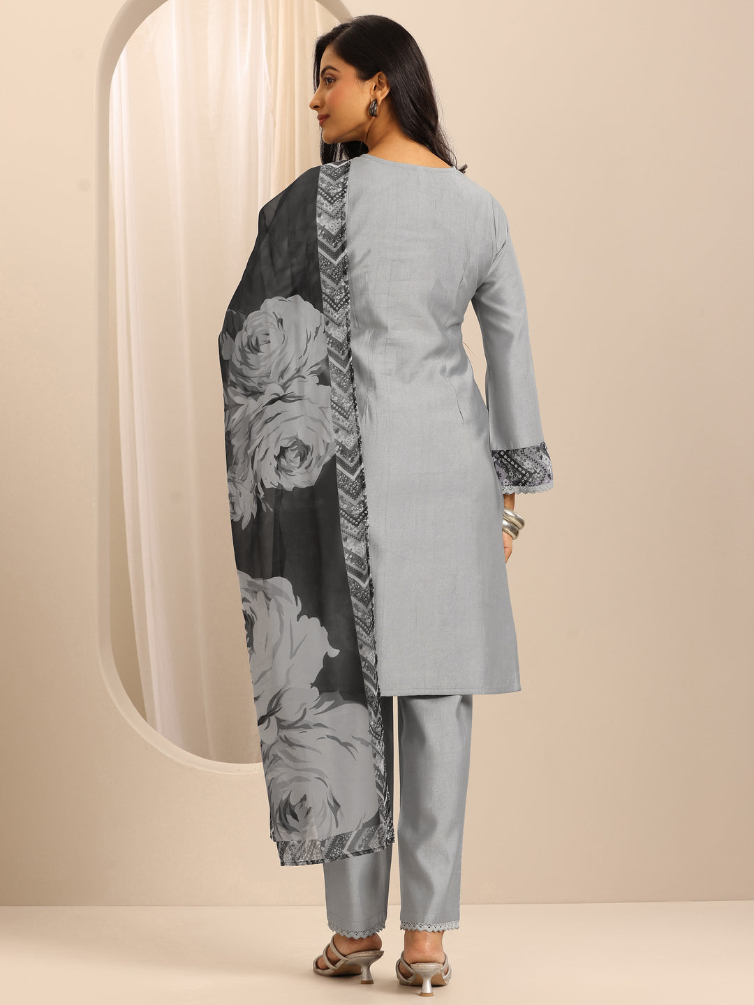 Grey Embroidered Silk Blend Straight Suit Set With Dupatta