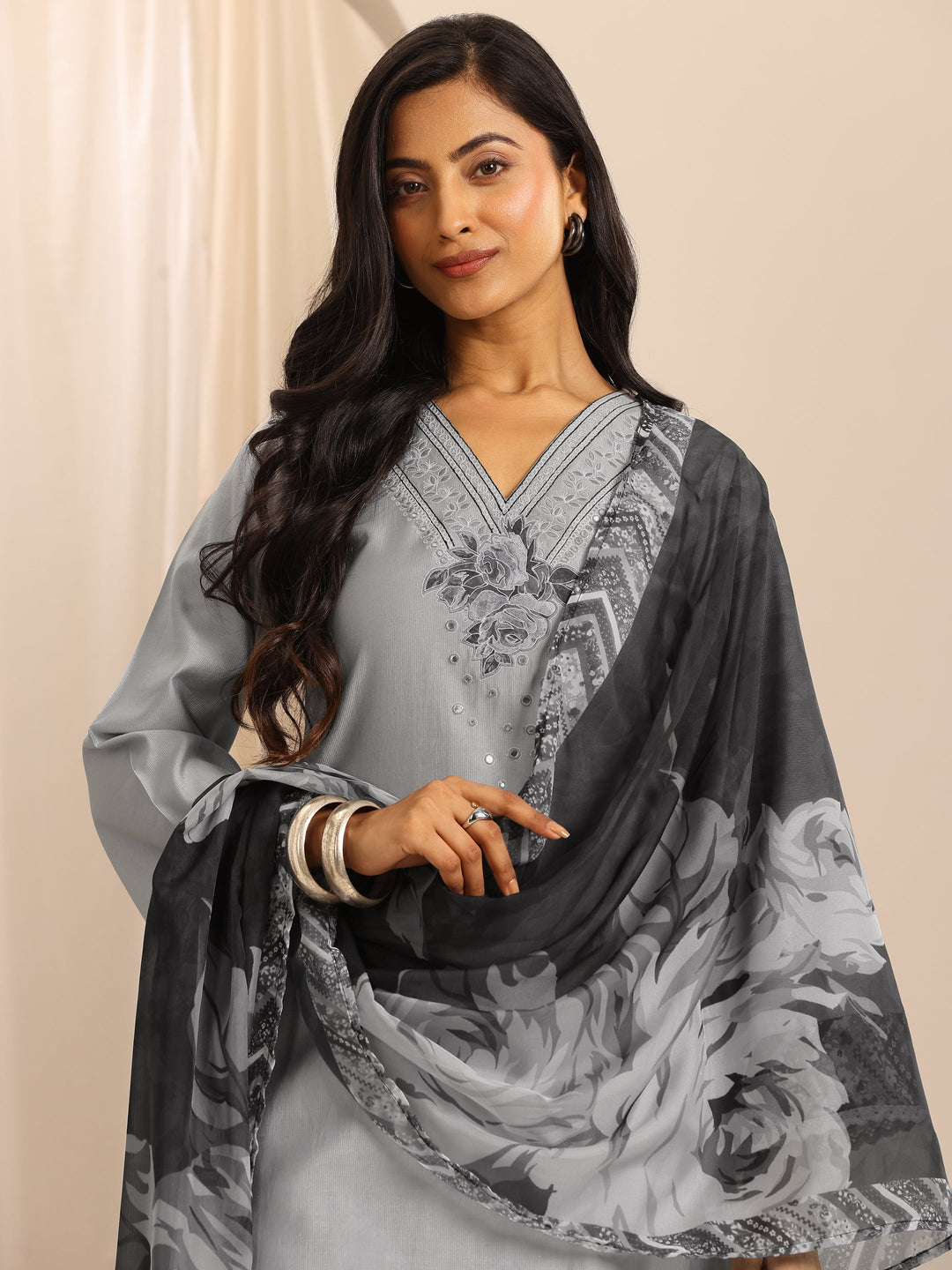 Grey Embroidered Silk Blend Straight Suit Set With Dupatta