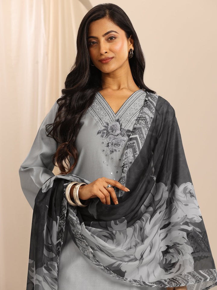 Grey Embroidered Silk Blend Straight Suit Set With Dupatta