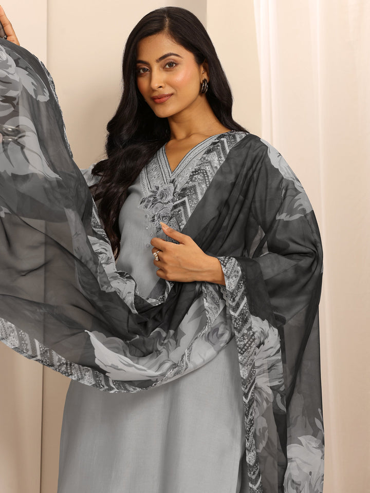 Grey Embroidered Silk Blend Straight Suit Set With Dupatta