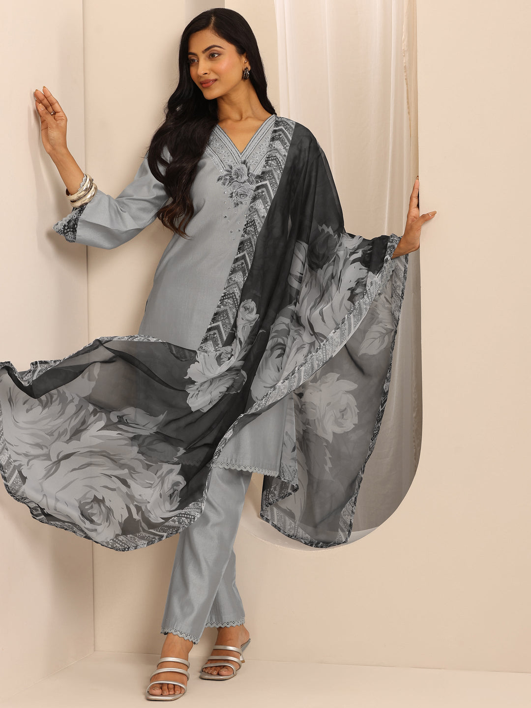 Grey Embroidered Silk Blend Straight Suit Set With Dupatta
