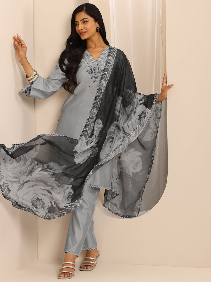 Grey Embroidered Silk Blend Straight Suit Set With Dupatta