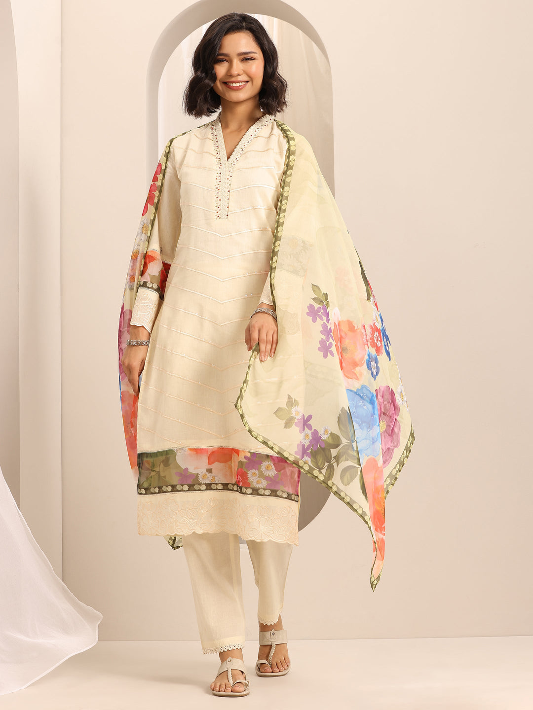 White Embroidered Cotton Blend Straight Suit Set With Dupatta