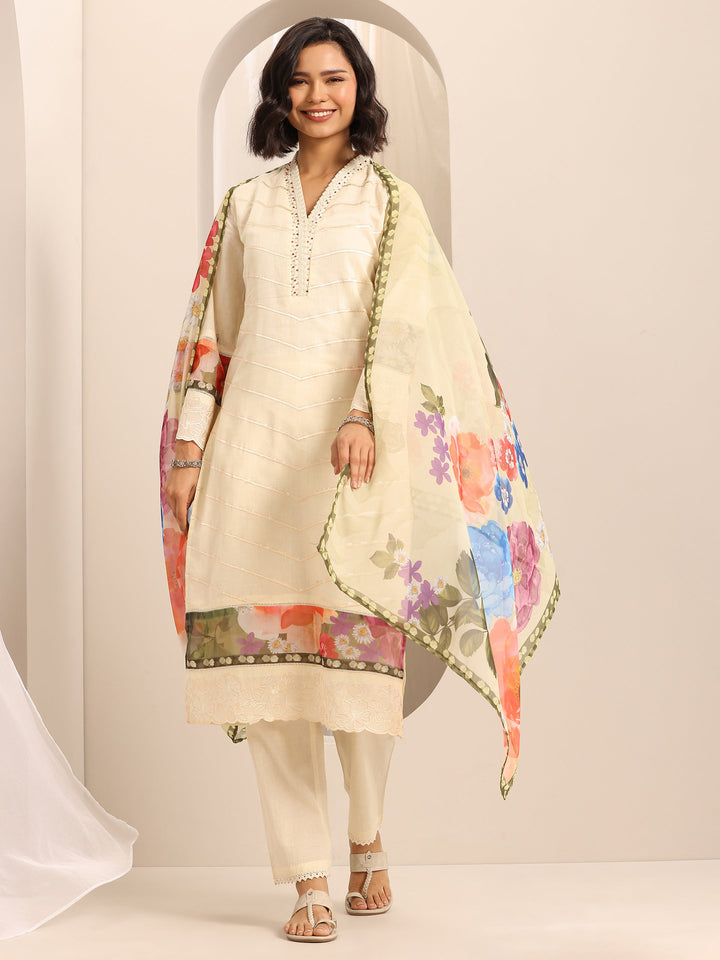 White Embroidered Cotton Blend Straight Suit Set With Dupatta