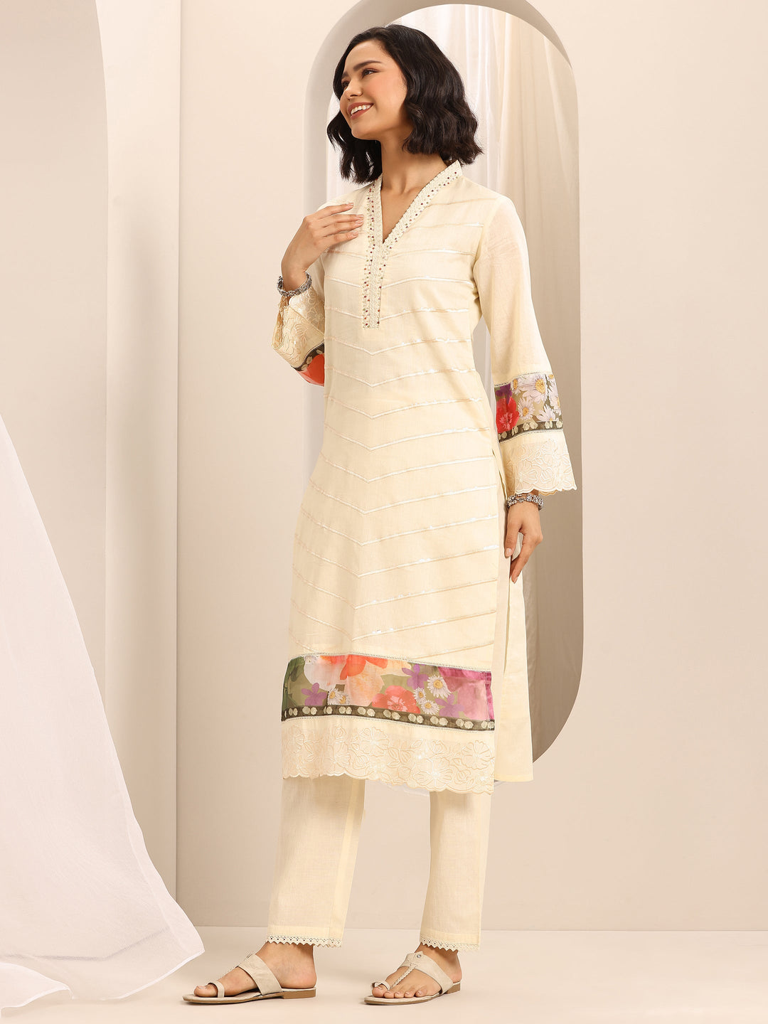 White Embroidered Cotton Blend Straight Suit Set With Dupatta
