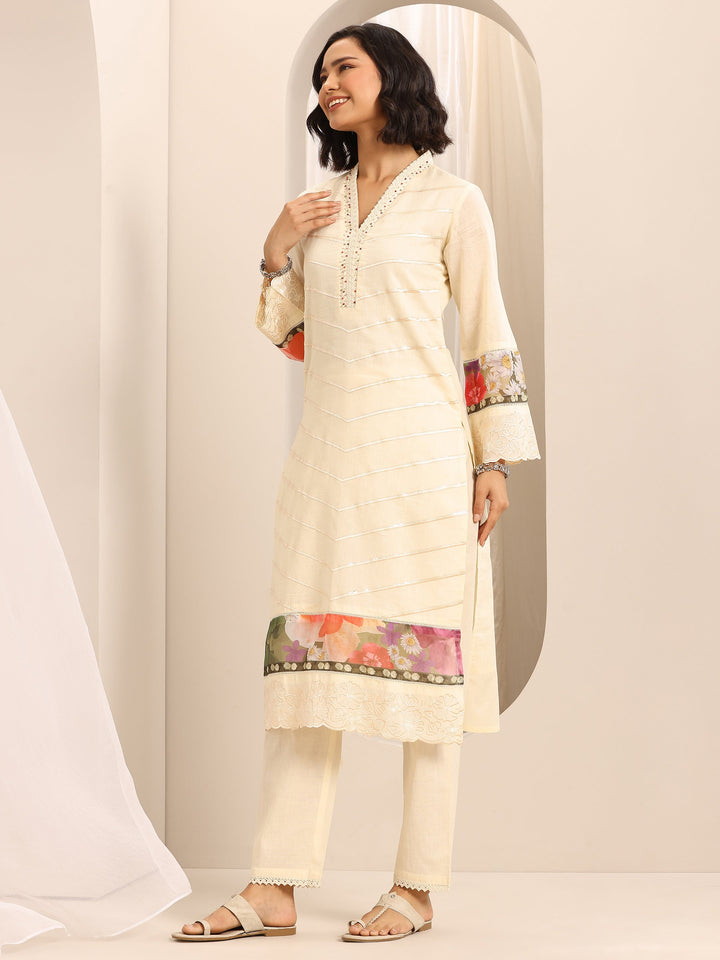 White Embroidered Cotton Blend Straight Suit Set With Dupatta