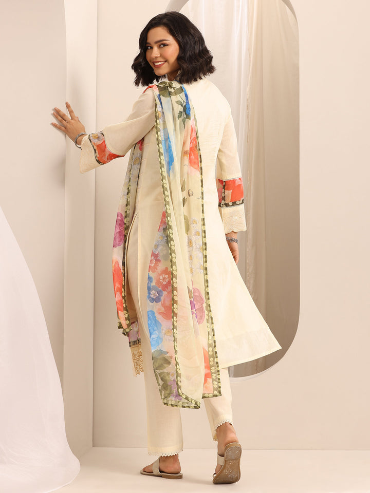 White Embroidered Cotton Blend Straight Suit Set With Dupatta
