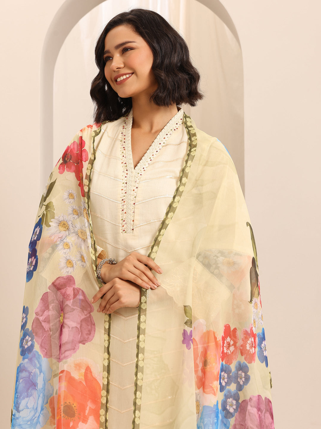 White Embroidered Cotton Blend Straight Suit Set With Dupatta