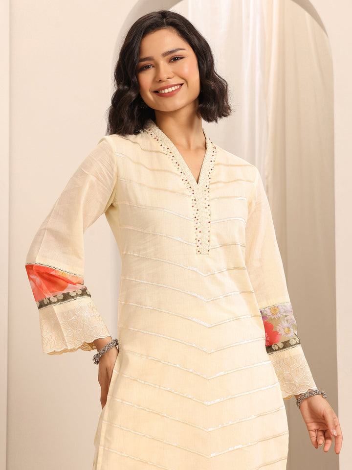 White Embroidered Cotton Blend Straight Suit Set With Dupatta