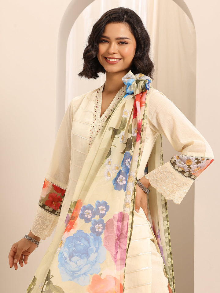 White Embroidered Cotton Blend Straight Suit Set With Dupatta