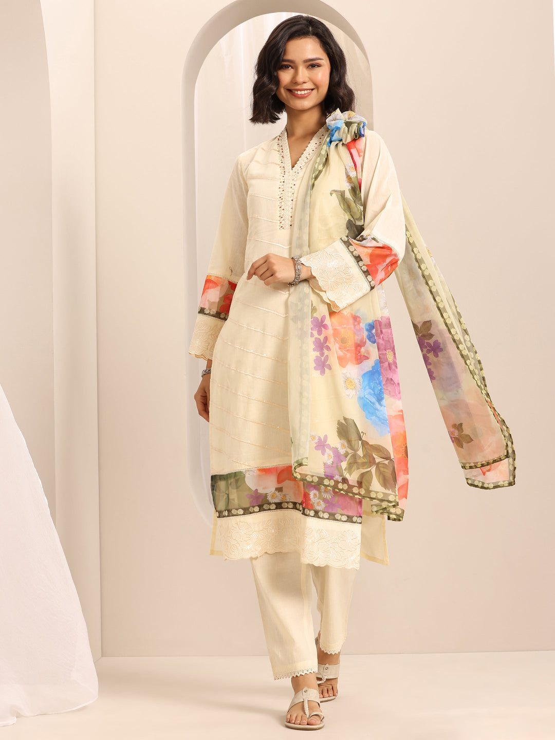 White Embroidered Cotton Blend Straight Suit Set With Dupatta