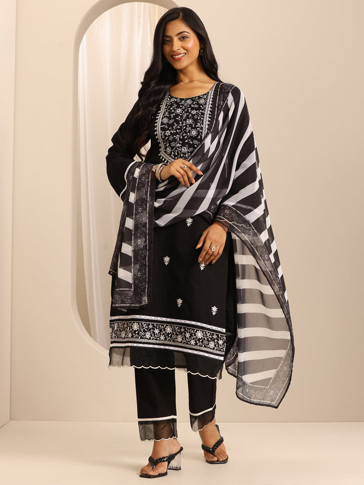 Black Embroidered Cotton Blend Straight Suit Set With Dupatta