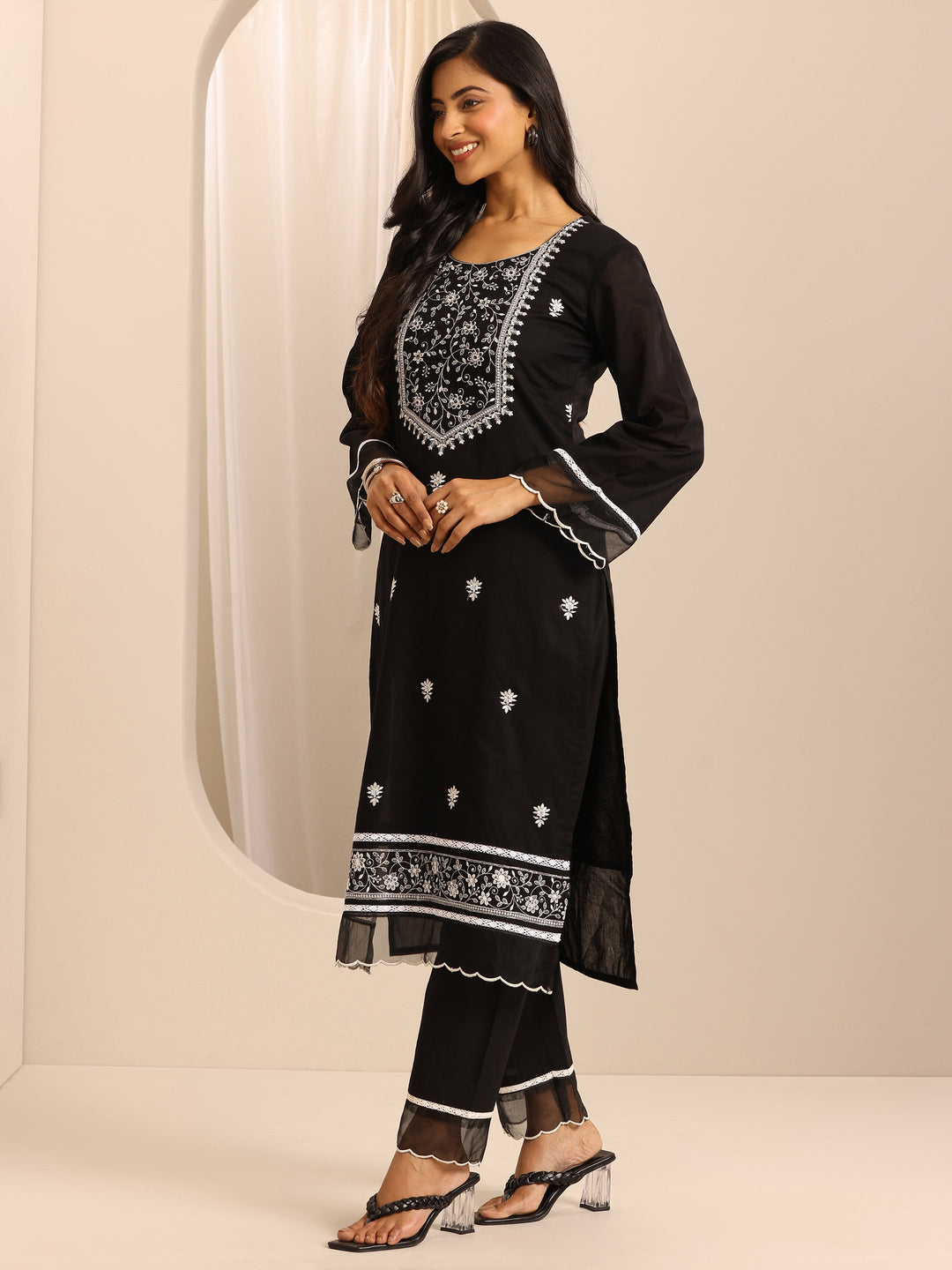 Black Embroidered Cotton Blend Straight Suit Set With Dupatta