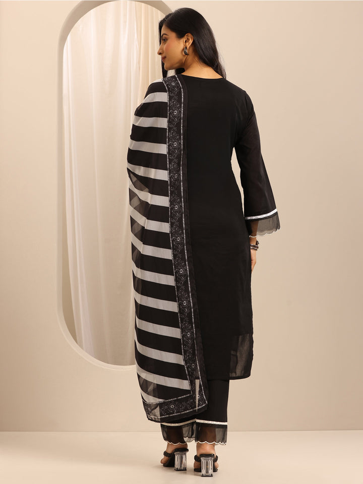 Black Embroidered Cotton Blend Straight Suit Set With Dupatta