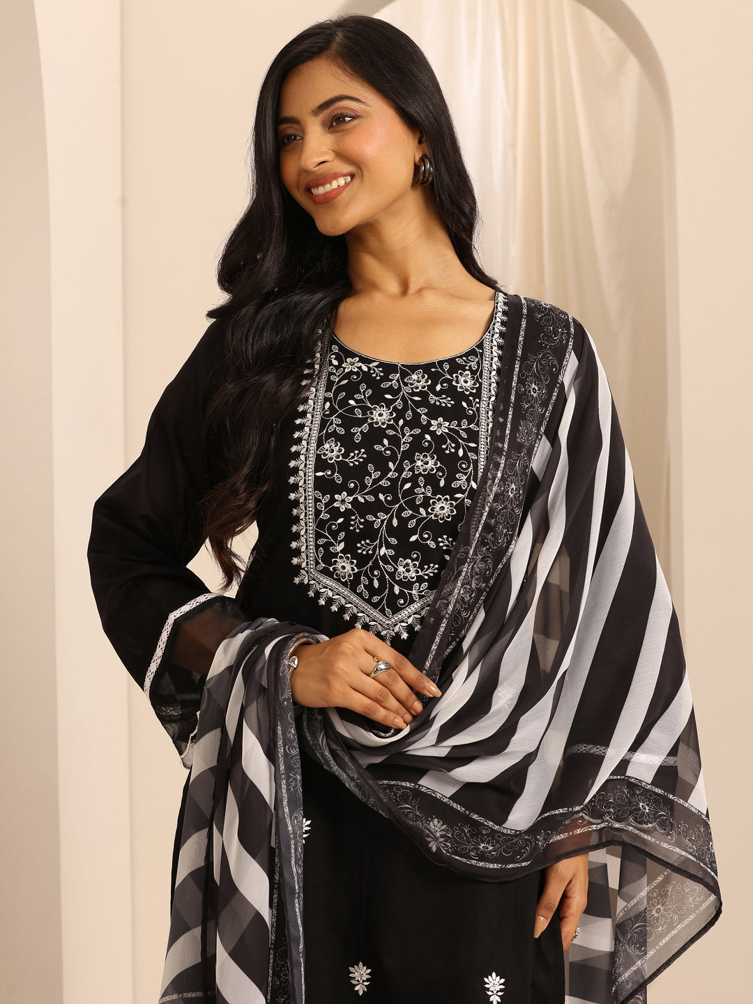 Black Embroidered Cotton Blend Straight Suit Set With Dupatta