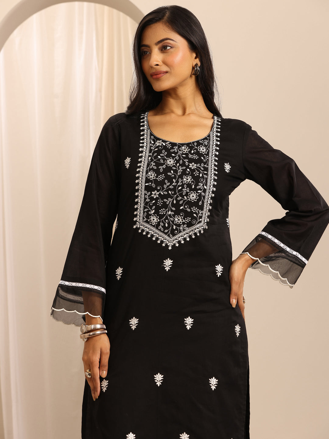 Black Embroidered Cotton Blend Straight Suit Set With Dupatta