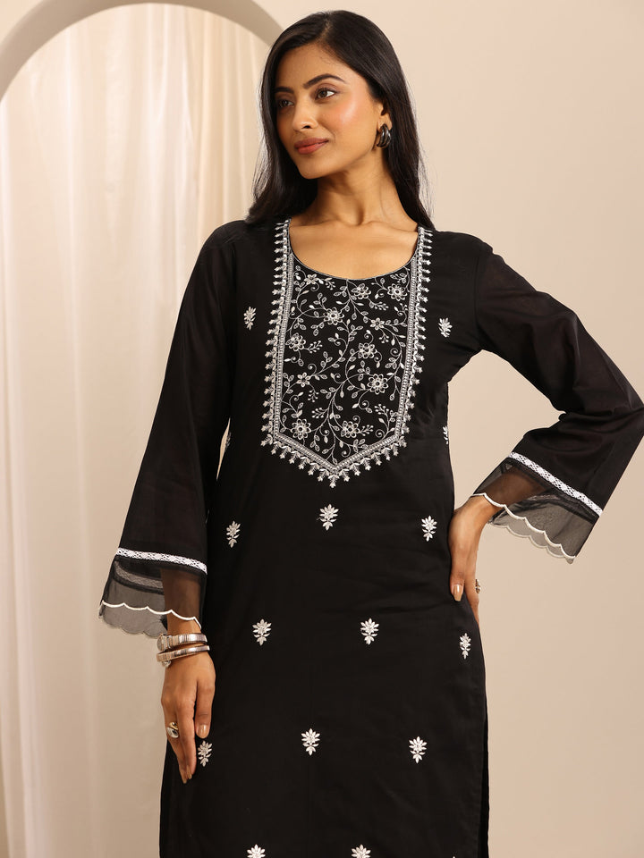 Black Embroidered Cotton Blend Straight Suit Set With Dupatta