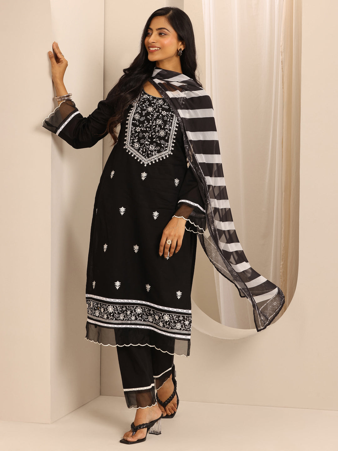 Black Embroidered Cotton Blend Straight Suit Set With Dupatta