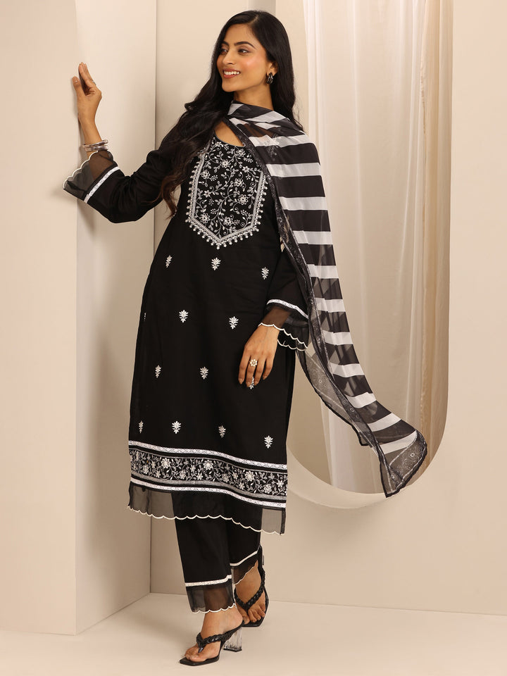 Black Embroidered Cotton Blend Straight Suit Set With Dupatta