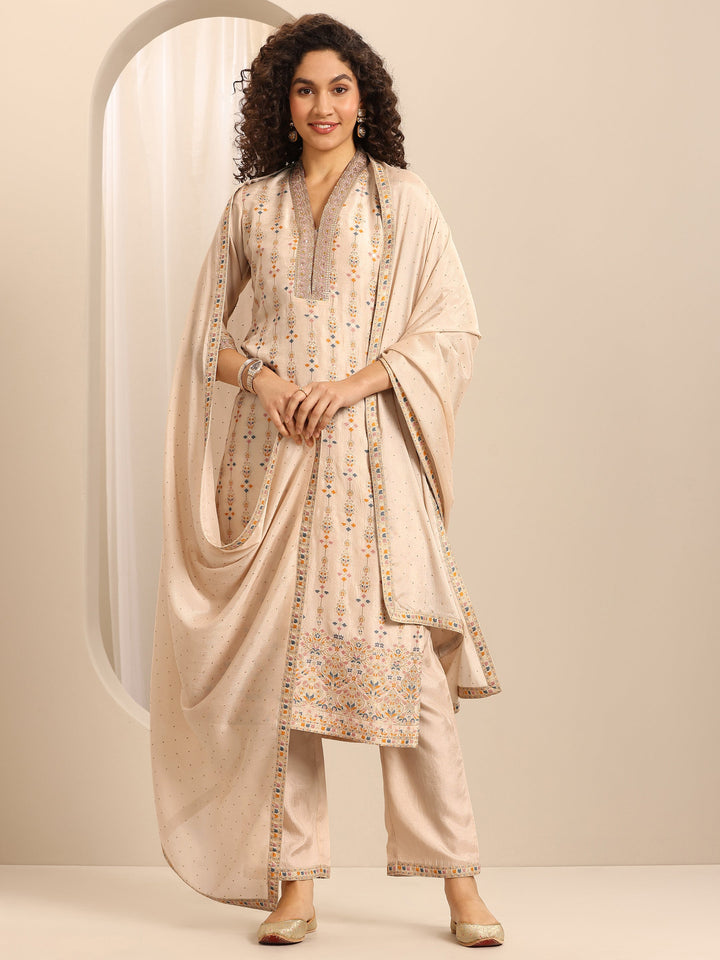 White Woven Silk Blend Straight Suit Set With Dupatta