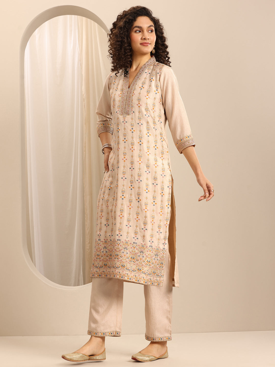 White Woven Silk Blend Straight Suit Set With Dupatta