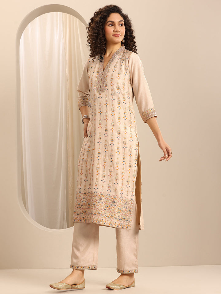 White Woven Silk Blend Straight Suit Set With Dupatta