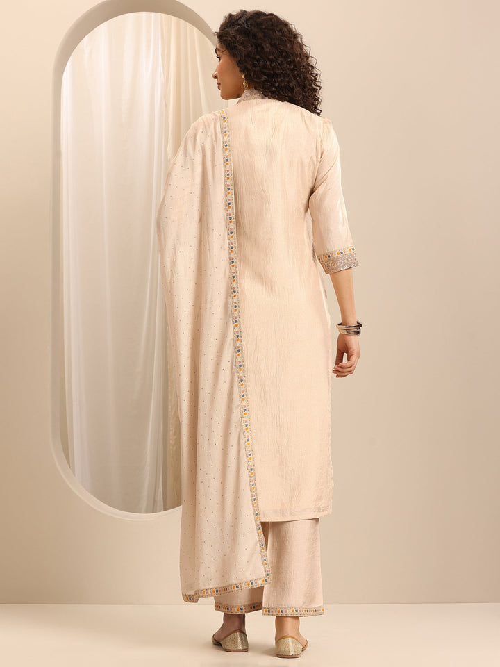 White Woven Silk Blend Straight Suit Set With Dupatta