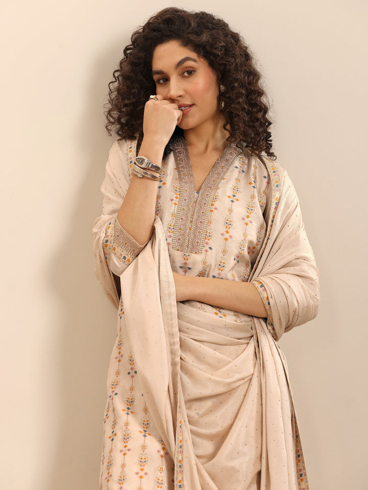 White Woven Silk Blend Straight Suit Set With Dupatta