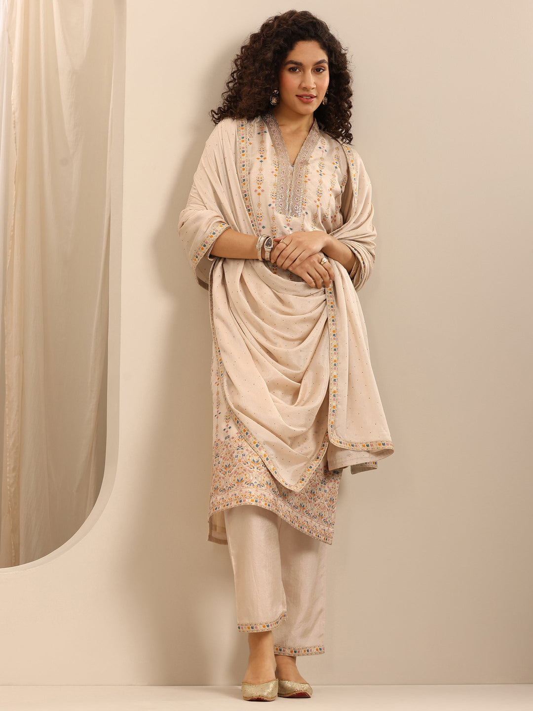 White Woven Silk Blend Straight Suit Set With Dupatta