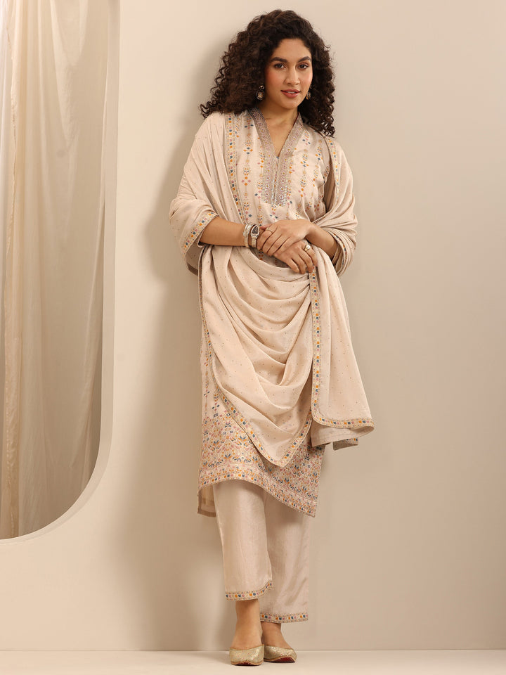 White Woven Silk Blend Straight Suit Set With Dupatta