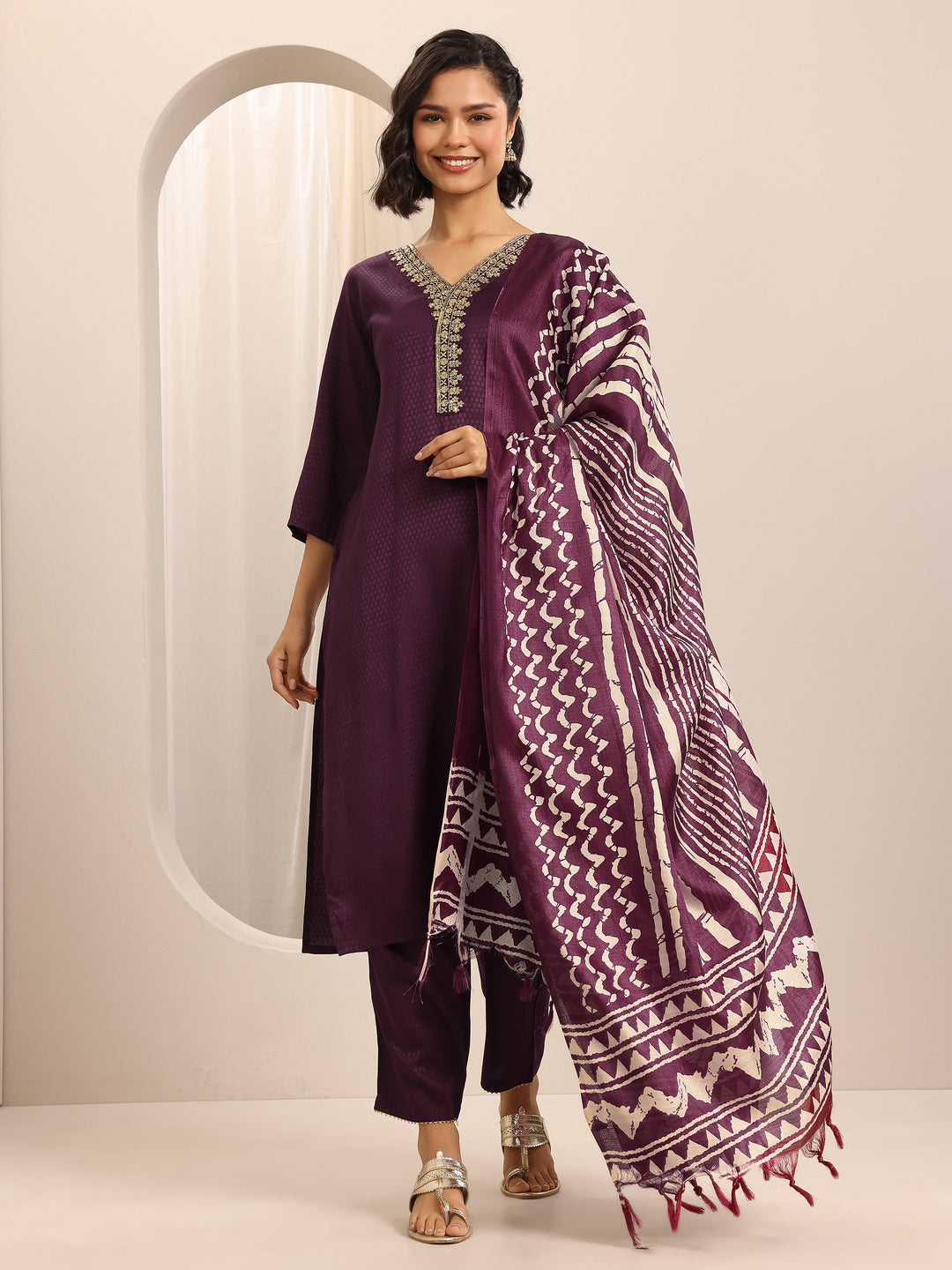 Maroon Woven Cotton Blend Straight Suit Set With Dupatta