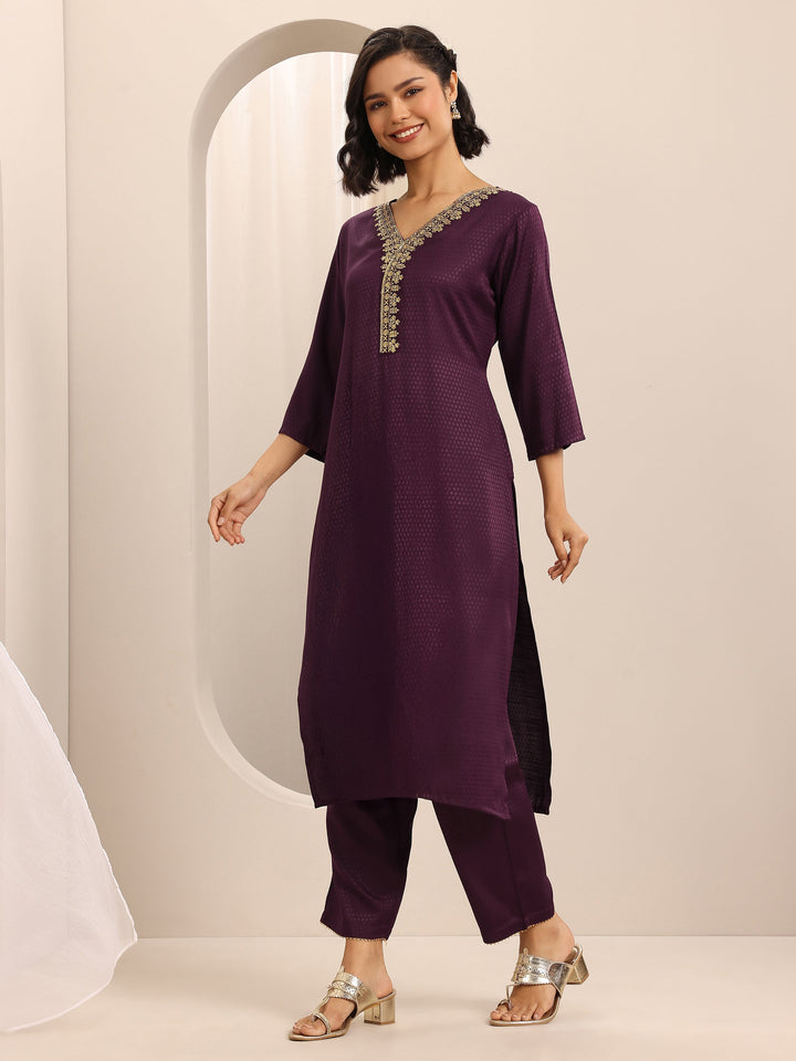 Maroon Woven Cotton Blend Straight Suit Set With Dupatta