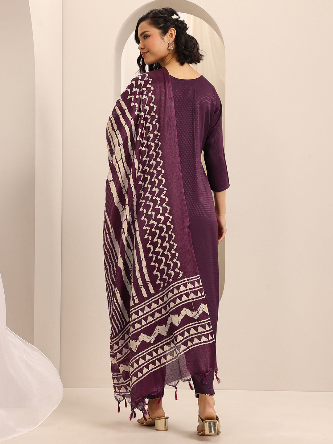 Maroon Woven Cotton Blend Straight Suit Set With Dupatta