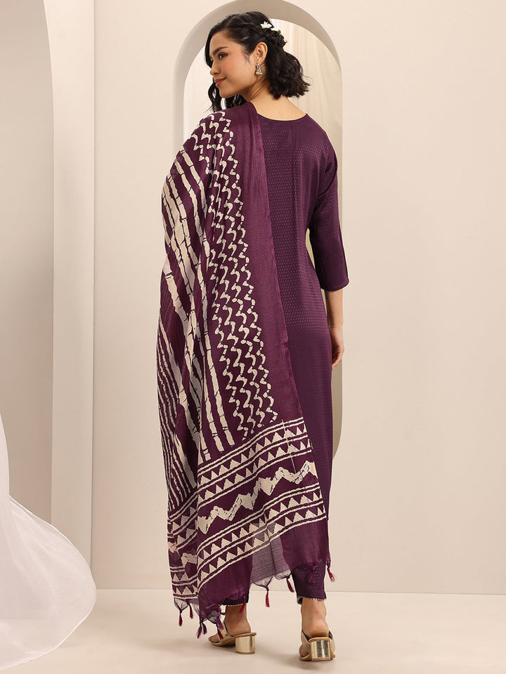 Maroon Woven Cotton Blend Straight Suit Set With Dupatta