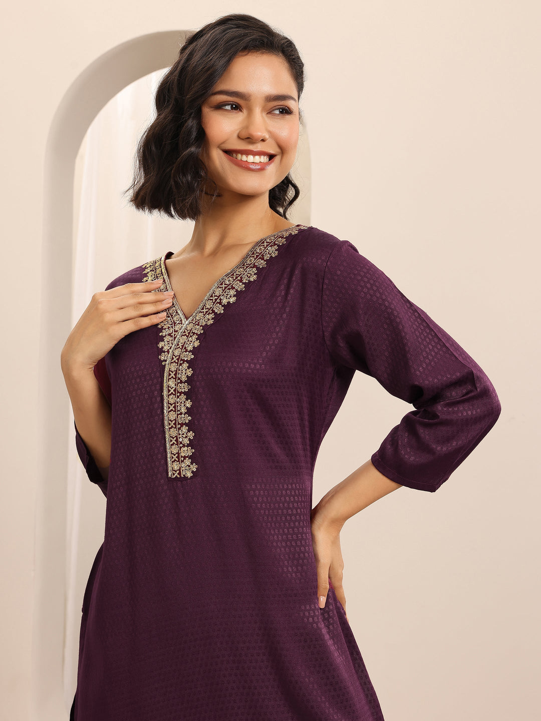 Maroon Woven Cotton Blend Straight Suit Set With Dupatta