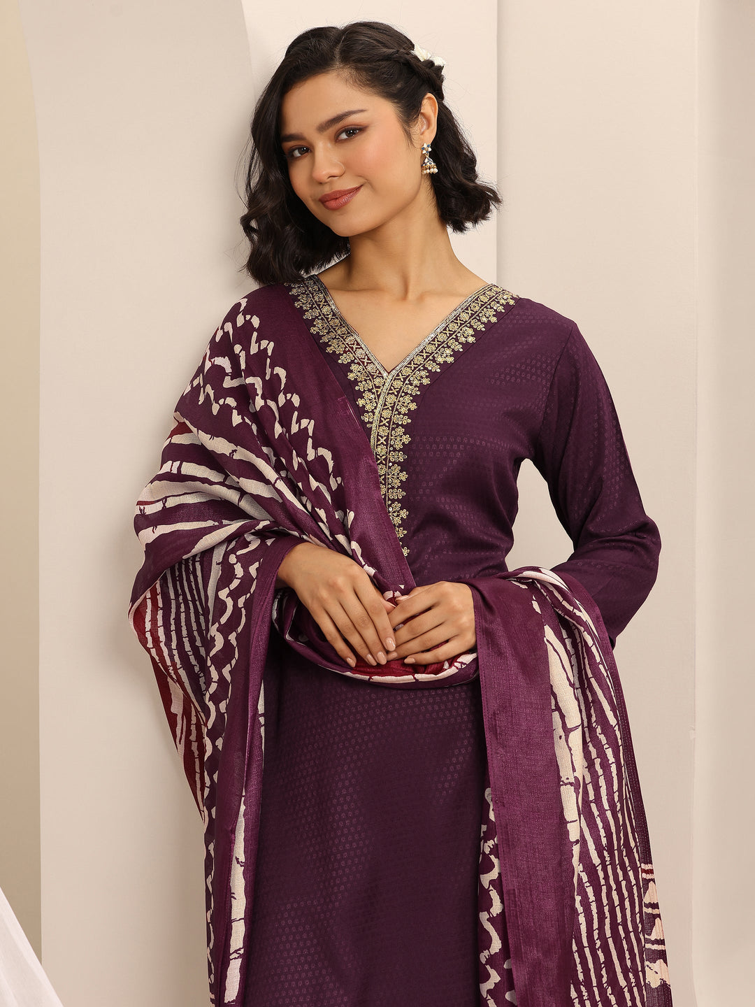 Maroon Woven Cotton Blend Straight Suit Set With Dupatta