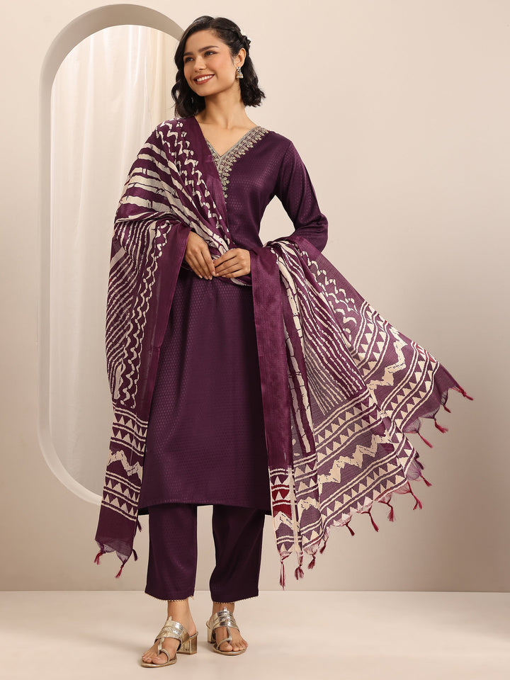 Maroon Woven Cotton Blend Straight Suit Set With Dupatta