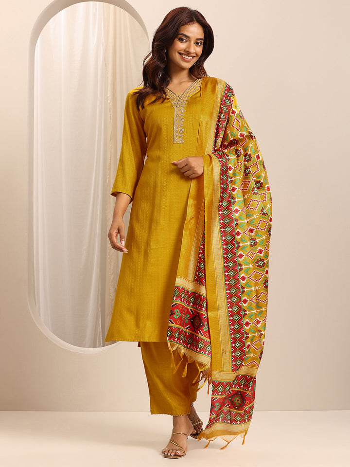 Yellow Woven Cotton Blend Straight Suit Set With Dupatta
