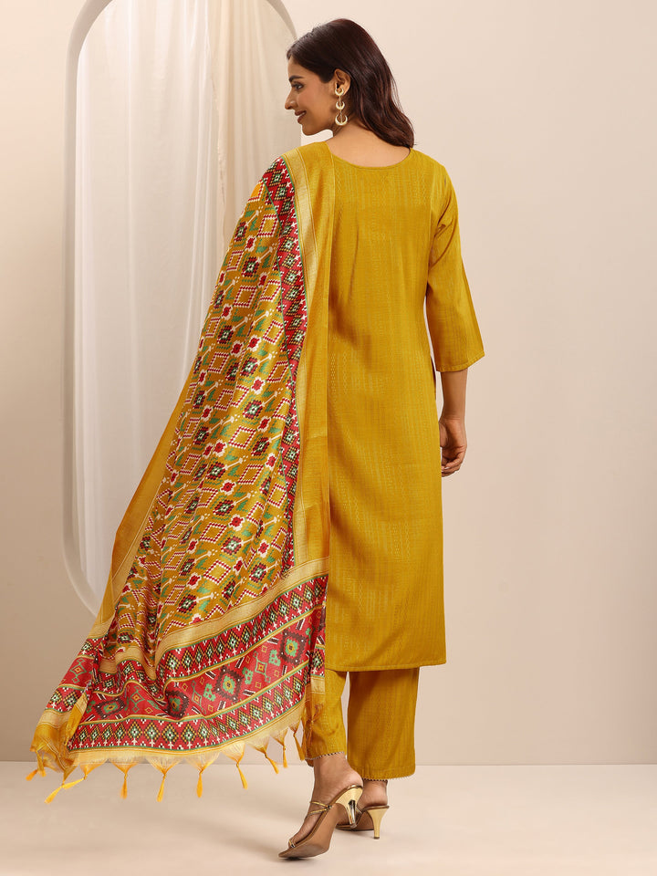 Yellow Woven Cotton Blend Straight Suit Set With Dupatta
