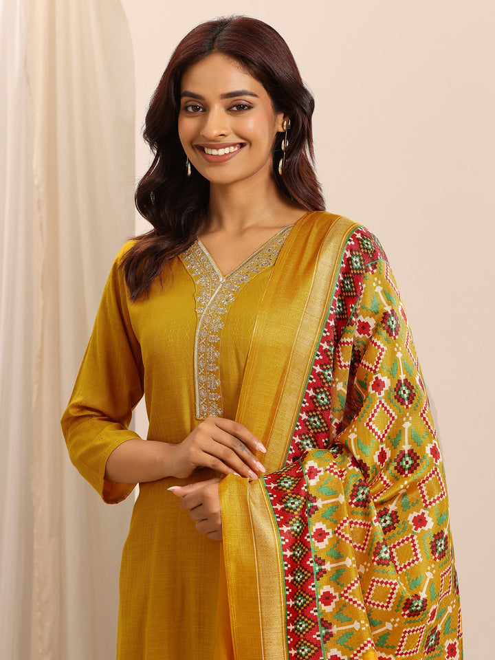 Yellow Woven Cotton Blend Straight Suit Set With Dupatta