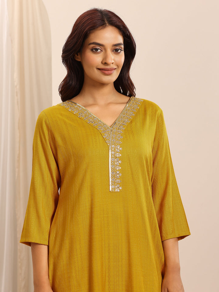 Yellow Woven Cotton Blend Straight Suit Set With Dupatta