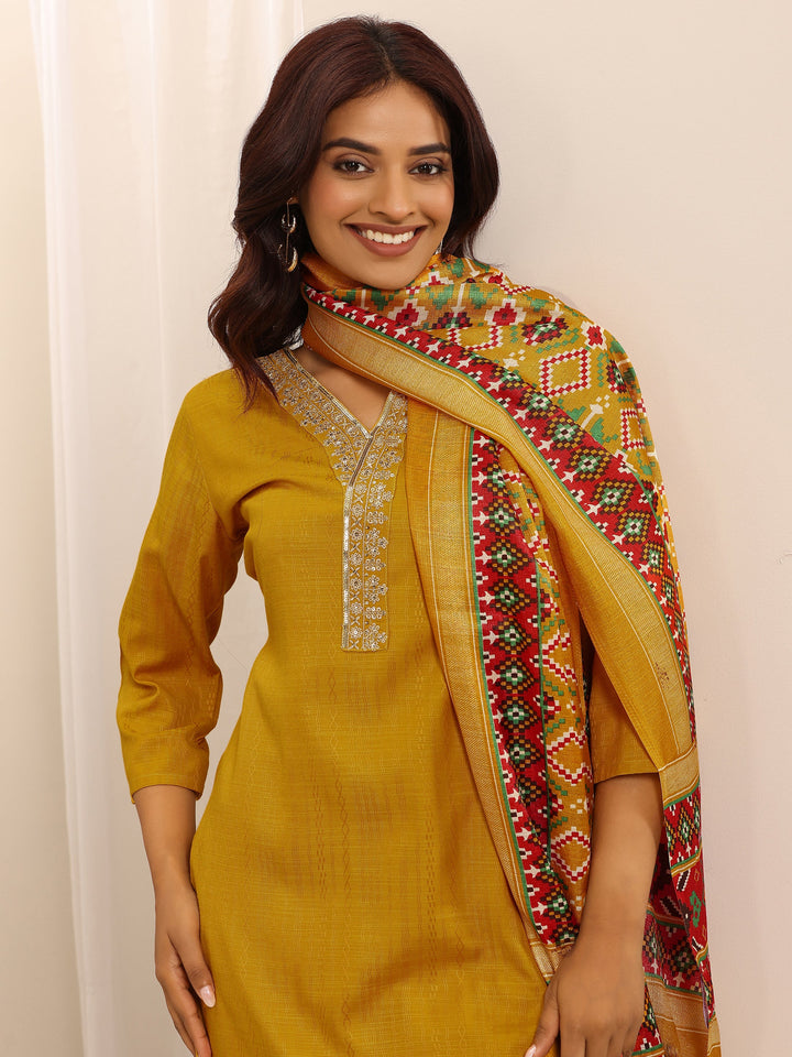 Yellow Woven Cotton Blend Straight Suit Set With Dupatta