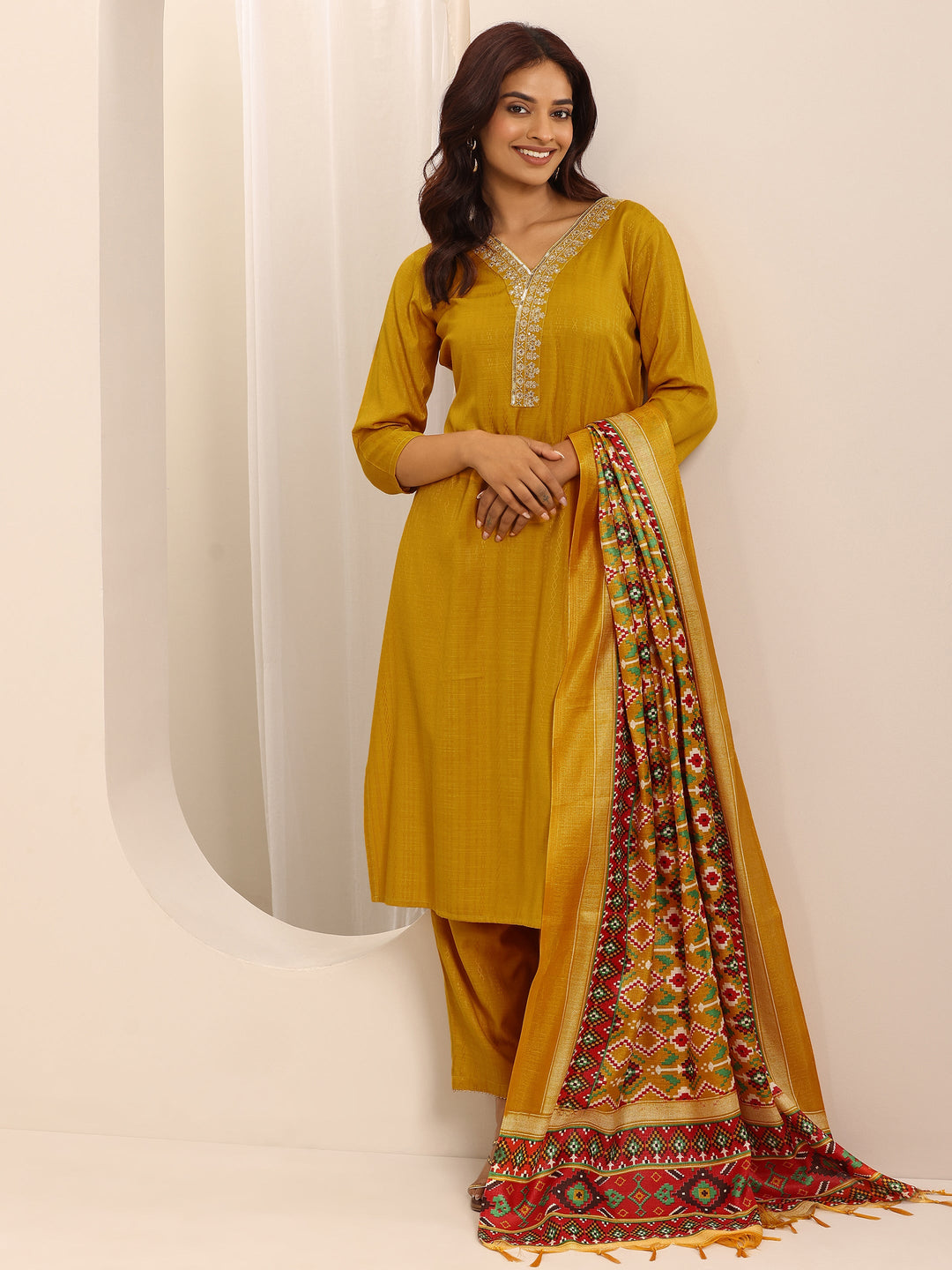 Yellow Woven Cotton Blend Straight Suit Set With Dupatta
