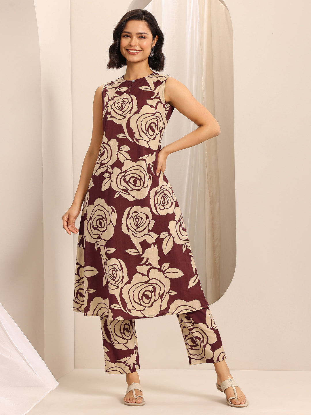 Red Printed Cotton Blend A-line Kurta Set