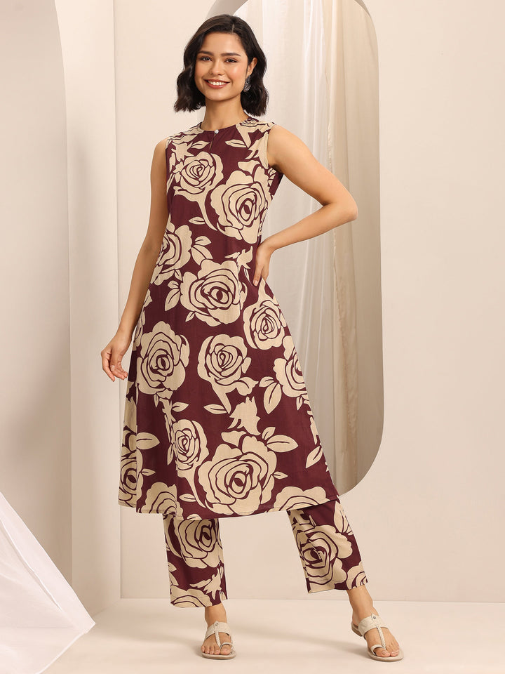 Red Printed Cotton Blend A-line Kurta Set