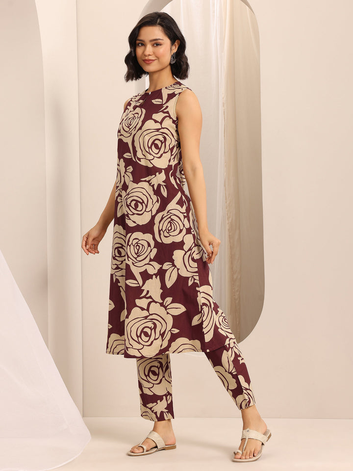 Red Printed Cotton Blend A-line Kurta Set