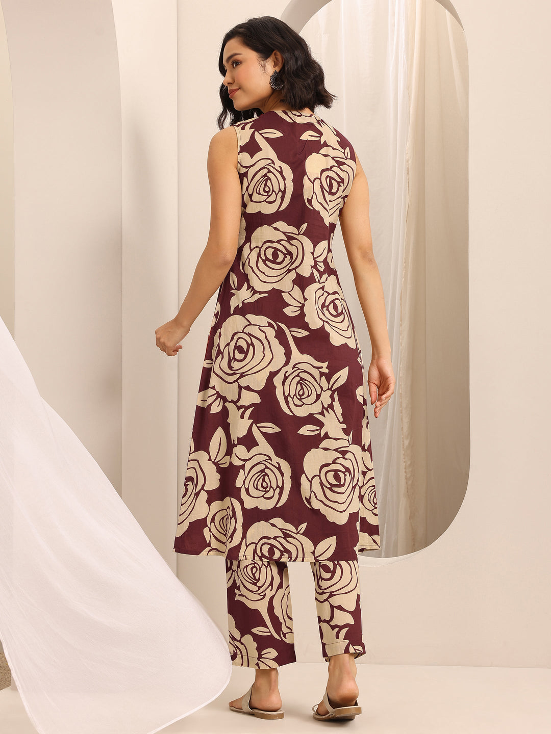 Red Printed Cotton Blend A-line Kurta Set